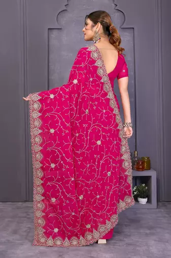 Pink georgette embroidery work saree with matching blouse piece
