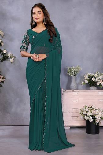 Teal georgette solid saree with embroidery work blouse piece