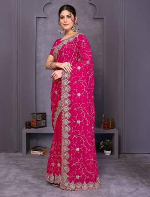 Pink georgette embroidery work saree with matching blouse piece 3
