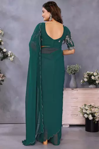 teal georgette embroidered sleeve saree with scallop border