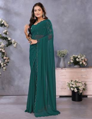 Teal georgette solid saree with embroidery work blouse piece 3