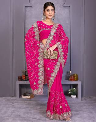 Pink georgette embroidery work saree with matching blouse piece 4