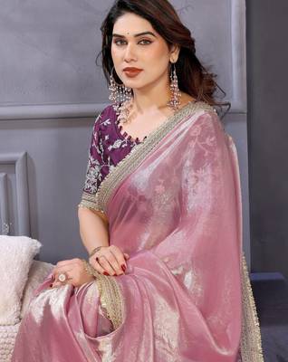Pink fandy satin saree with embroidered lace border and matching blouse piece 5