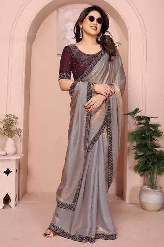 gold sequin lace border fandy satin saree with contrast blouse piece