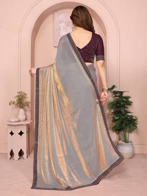 Gold fandy satin saree with sequence lace border and contrast blouse piece 4