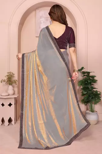 gold sequin lace border fandy satin saree with contrast blouse piece
