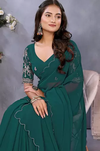 teal georgette embroidered sleeve saree with scallop border