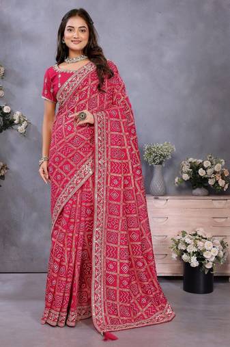 Pink vichitra silk foil print coding work saree with matching blouse piece