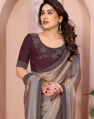 Gold fandy satin saree with sequence lace border and contrast blouse piece 5