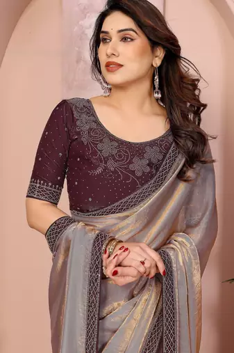 gold sequin lace border fandy satin saree with contrast blouse piece