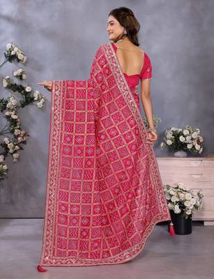 Pink vichitra silk foil print coding work saree with matching blouse piece 2
