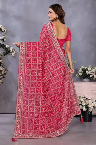 Pink vichitra silk foil print coding work saree with matching blouse piece