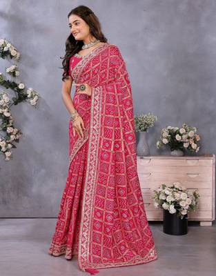 Pink vichitra silk foil print coding work saree with matching blouse piece 3
