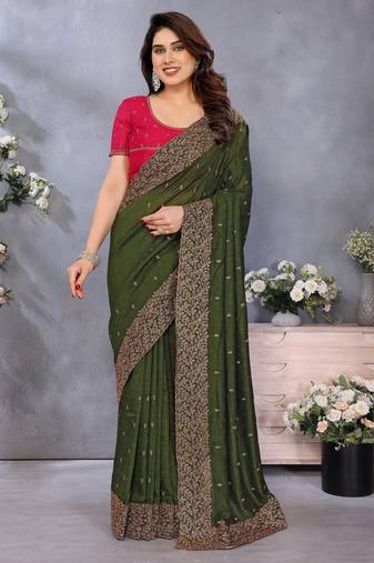 Green soft vichitra silk saree with sequence embroidery work and matching blouse piece