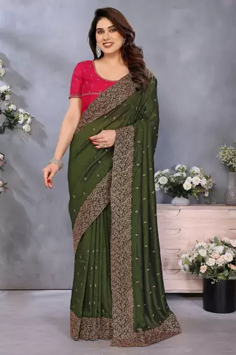 Green soft vichitra silk saree with sequence embroidery work and matching blouse piece