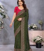 Green soft vichitra silk saree with sequence embroidery work and matching blouse piece