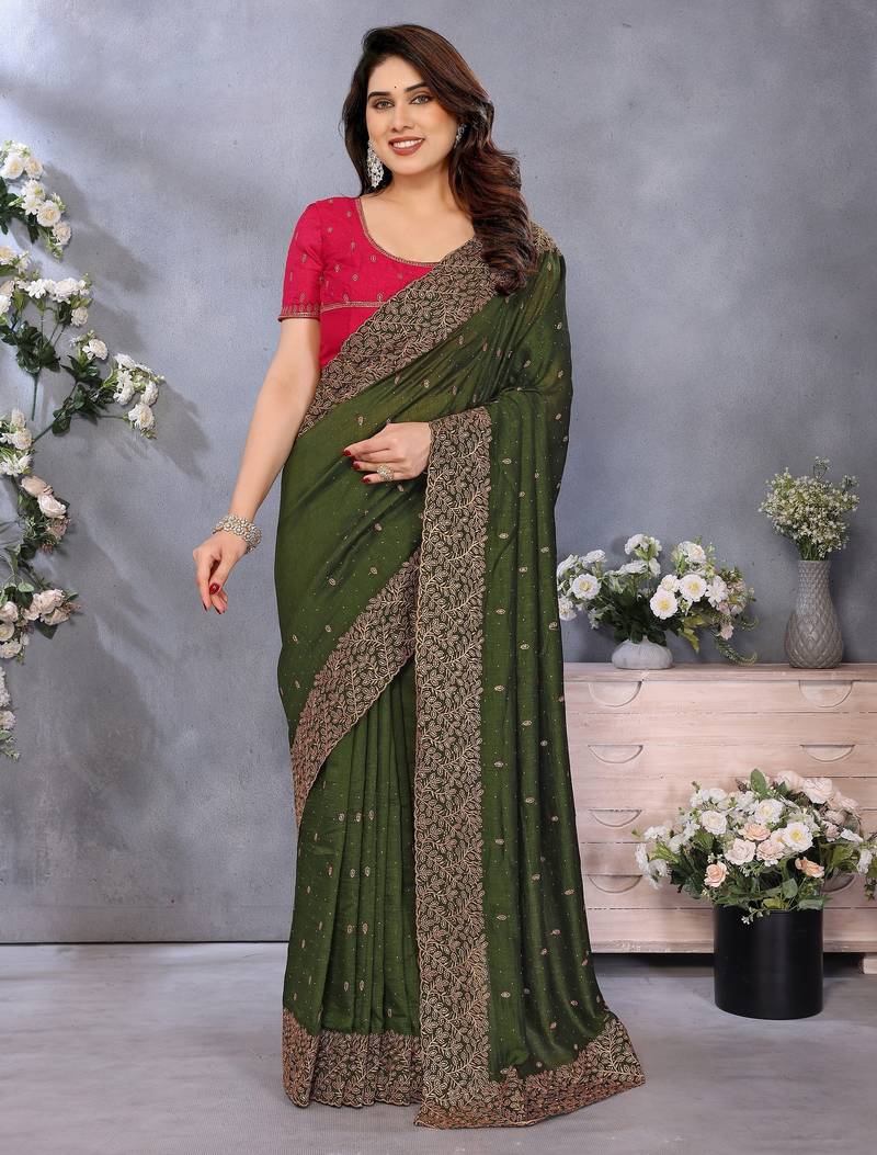 Green soft vichitra silk saree with sequence embroidery work and matching blouse piece