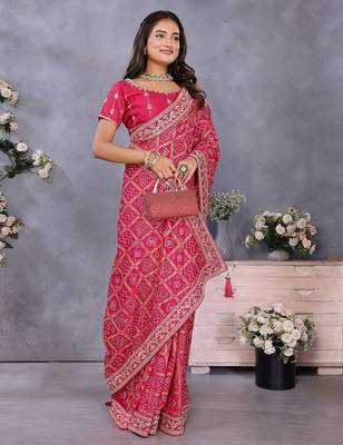 Pink vichitra silk foil print coding work saree with matching blouse piece 4