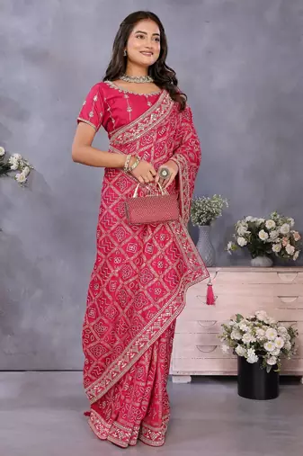 Pink vichitra silk foil print coding work saree with matching blouse piece