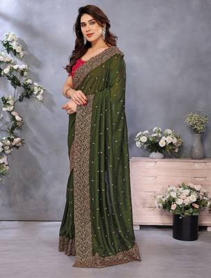 green sequin embroidery work soft vichitra silk party wear saree 2