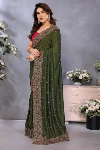 green sequin embroidery work soft vichitra silk party wear saree