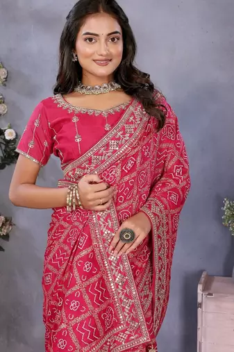 Pink vichitra silk foil print coding work saree with matching blouse piece