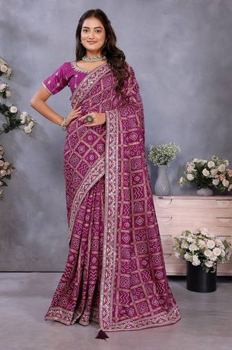 Purple vichitra silk foil print coding work saree with matching blouse piece