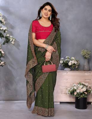 green sequin embroidery work soft vichitra silk party wear saree 3