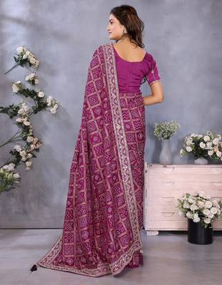 Purple vichitra silk foil print coding work saree with matching blouse piece 2