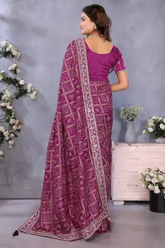 purple vichitra silk saree with foil print and coding work with blouse