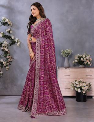 Purple vichitra silk foil print coding work saree with matching blouse piece 3