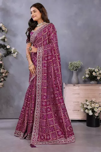 purple vichitra silk saree with foil print and coding work with blouse