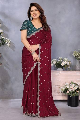 Maroon soft silk crush saree with sequence embroidery work and contrast blouse piece