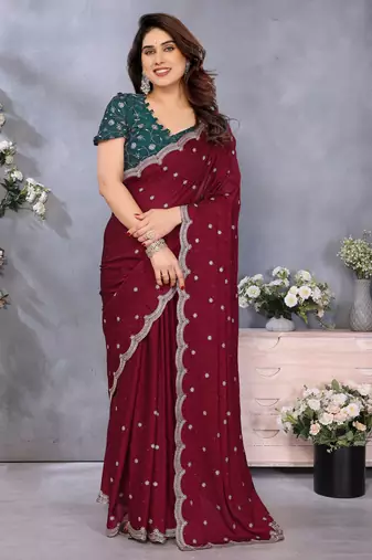 Maroon soft silk crush saree with sequence embroidery work and contrast blouse piece