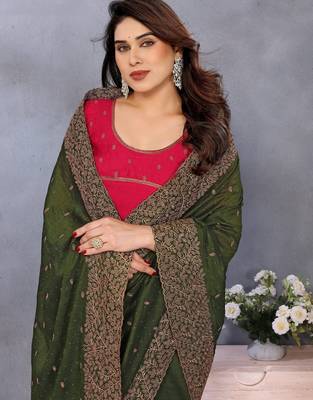 green sequin embroidery work soft vichitra silk party wear saree 5