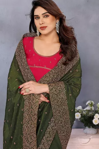 green sequin embroidery work soft vichitra silk party wear saree
