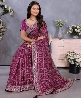 Purple vichitra silk foil print coding work saree with matching blouse piece 4