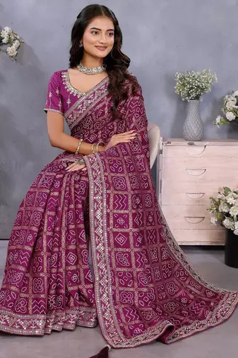 purple vichitra silk saree with foil print and coding work with blouse
