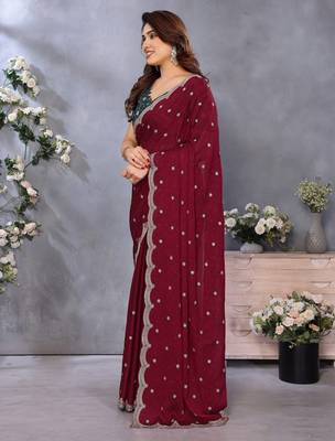 maroon sequin embroidery soft silk crush saree with blouse 2