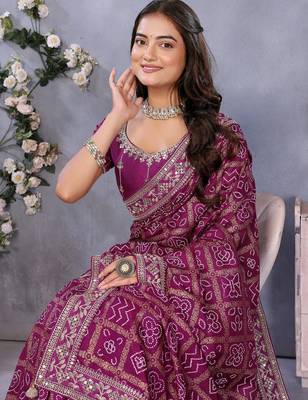 Purple vichitra silk foil print coding work saree with matching blouse piece 5