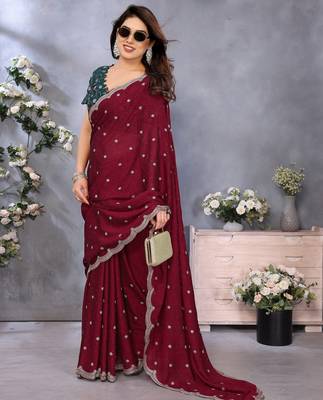 maroon sequin embroidery soft silk crush saree with blouse 3