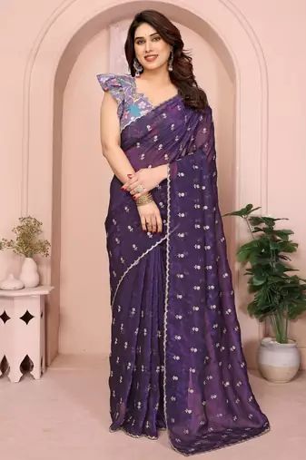 Purple crunchy crush silk saree with embroidery work and contrast printed blouse piece
