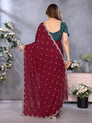 maroon sequin embroidery soft silk crush saree with blouse 4