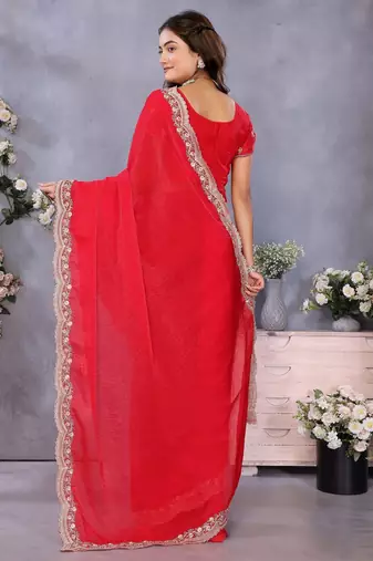 Red fandy chiffon resham embroiderd saree with matching blouse piece