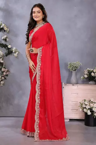 Red fandy chiffon resham embroiderd saree with matching blouse piece