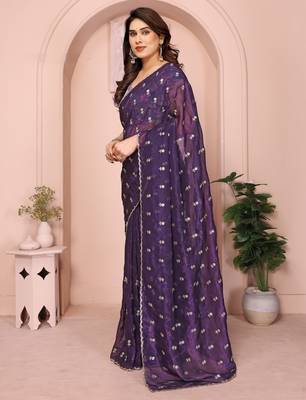 Purple crunchy crush silk saree with embroidery work and contrast printed blouse piece 2