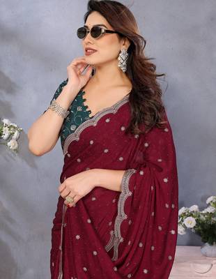maroon sequin embroidery soft silk crush saree with blouse 5
