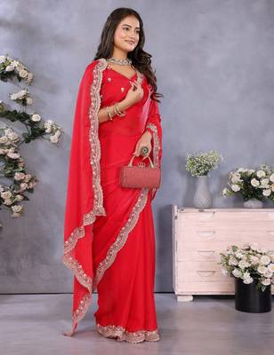 red fandy chiffon resham embroidered saree with blouse 4