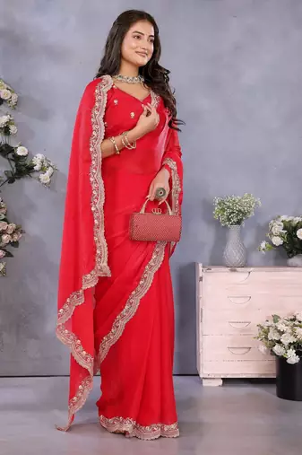 Red fandy chiffon resham embroiderd saree with matching blouse piece
