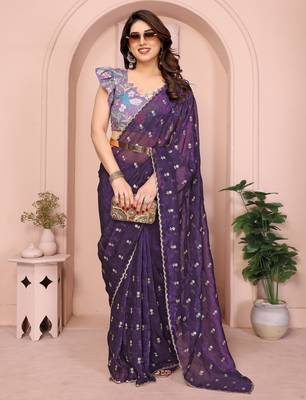 Purple crunchy crush silk saree with embroidery work and contrast printed blouse piece 3